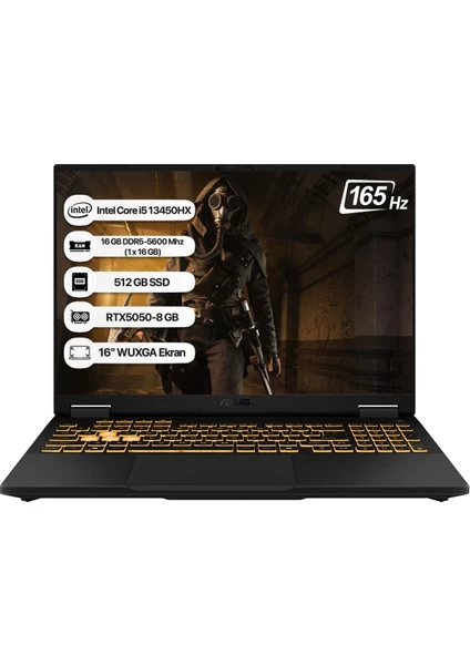 Asus Tuf Gaming F16 FX608JH-RV082 Intel Core I5 13450HX 16GB 512GB SSD RTX5050-8GB 115W Freedos 16" 165Hz Wuxga Taşınabilir Bilgisayar
