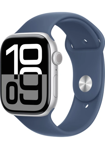 Apple Watch Series 10 GPS, 46 mm Gümüş Rengi Alüminyum Kasa ve Kot Rengi Spor Kordon - S/M